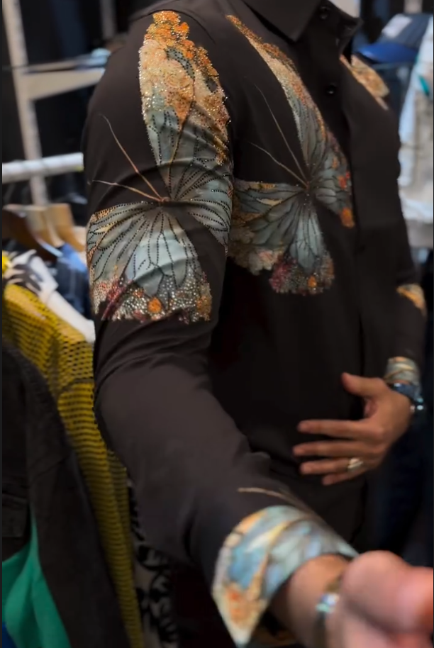 Men's Butterfly Printed Diamond Studded Shirt