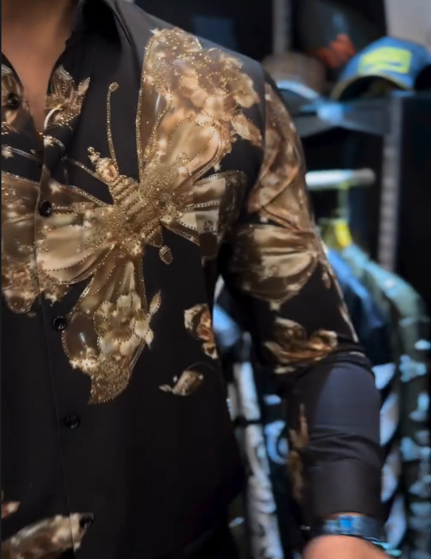 Men's Gold Butterfly Print Diamond Studded Shirt