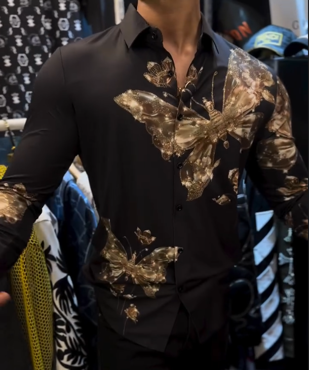 Men's Gold Butterfly Print Diamond Studded Shirt