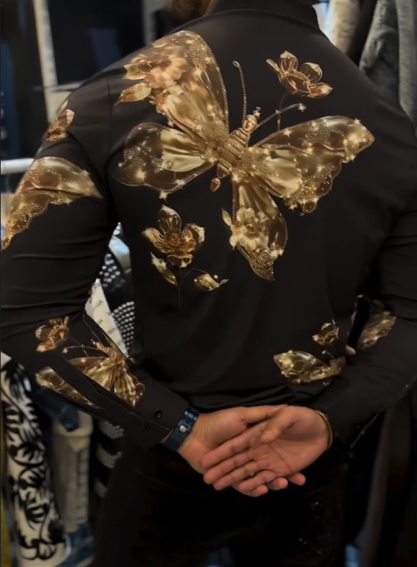 Men's Gold Butterfly Print Diamond Studded Shirt