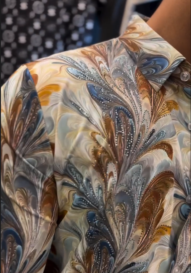 Men's New Feather Printed Diamond Studded Shirt
