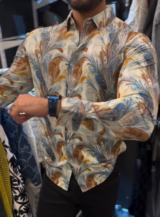 Men's New Feather Printed Diamond Studded Shirt