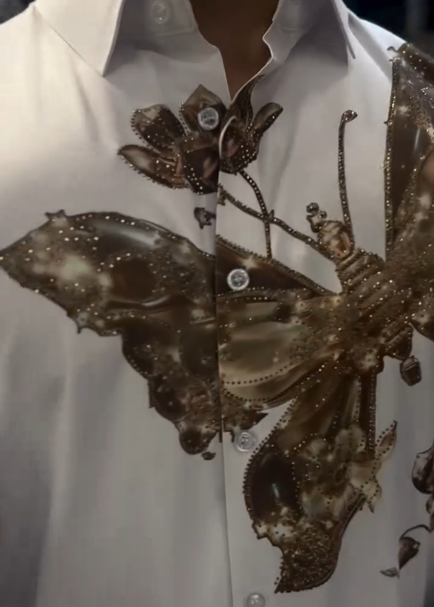 Men's New Gold Butterfly Print Diamond Studded Shirt