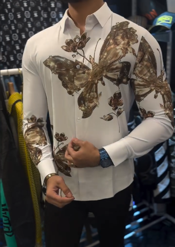 Men's New Gold Butterfly Print Diamond Studded Shirt