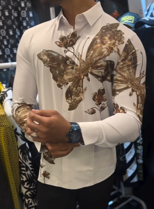 Men's New Gold Butterfly Print Diamond Studded Shirt