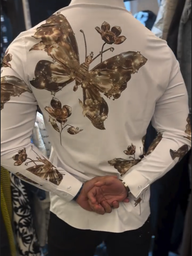 Men's New Gold Butterfly Print Diamond Studded Shirt