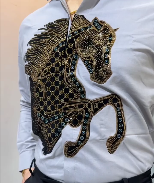 Men's New Rhinestone Running Horse Shirt