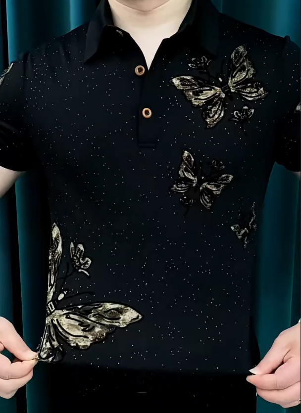 Men's New Ice Silk Butterfly Hot Stamping Fashionable Short Sleeved Shirt