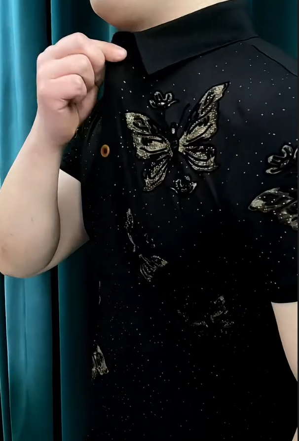Men's New Ice Silk Butterfly Hot Stamping Fashionable Short Sleeved Shirt
