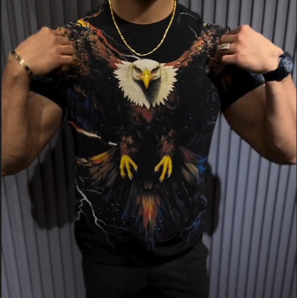 Men's New Eagle Print Hot Diamond Short Sleeved Shirt