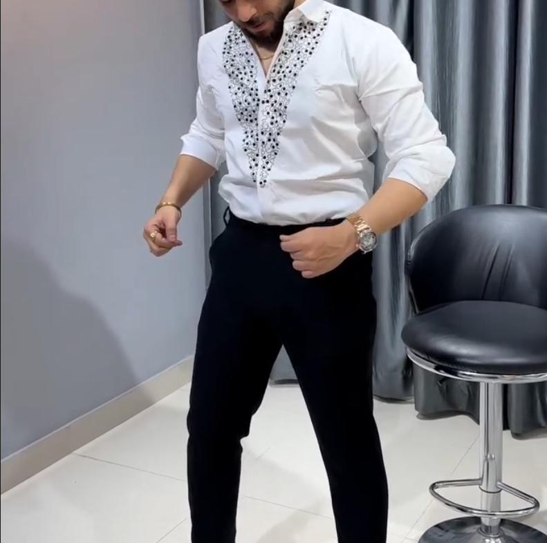 Men's Silk Large Rhinestone Long Sleeved Shirt