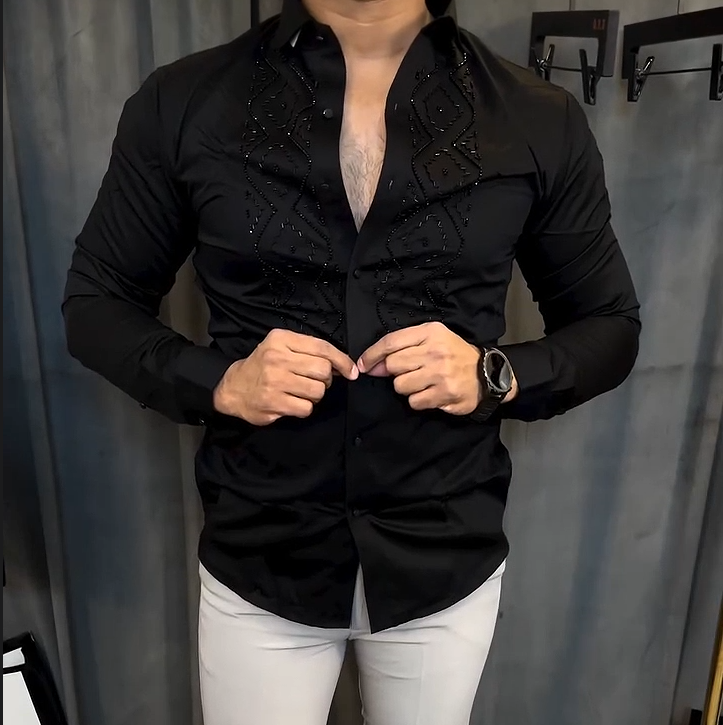 Men's Silk Sparkling Fine Diamond Long Sleeved Shirt
