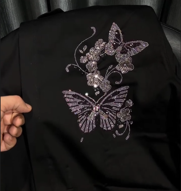 Butterfly Sparkling Diamond Casual Black Long Sleeved Shirt