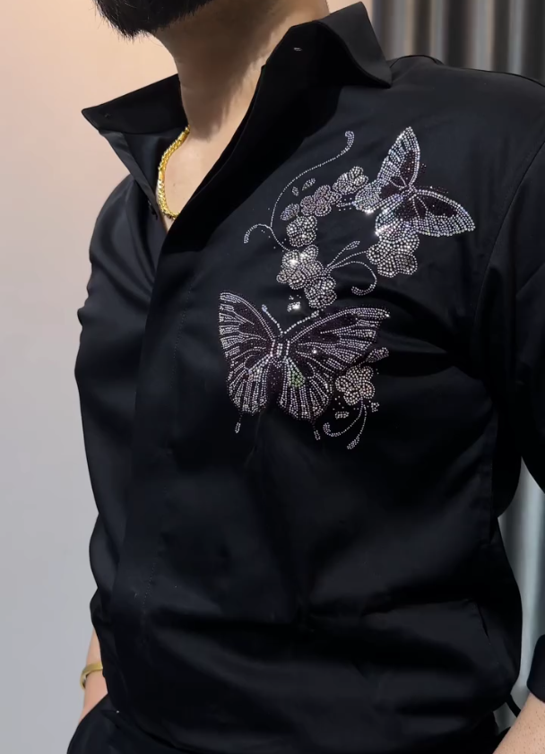 Butterfly Sparkling Diamond Casual Black Long Sleeved Shirt