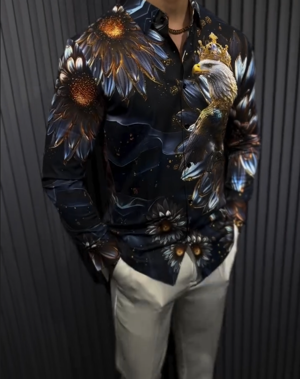 Flash Diamond Eagle Pattern Printed Long Sleeve Shirt