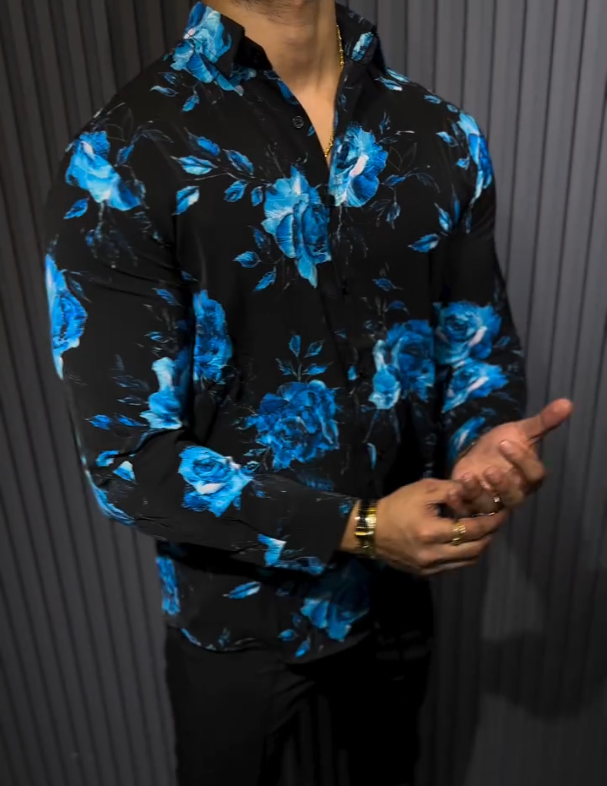 Blue Butterfly Print Long Sleeved Shirt