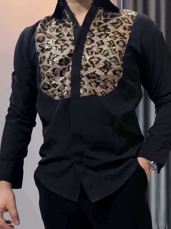 Diamond Inlaid Leopard Print Long Sleeved Shirt