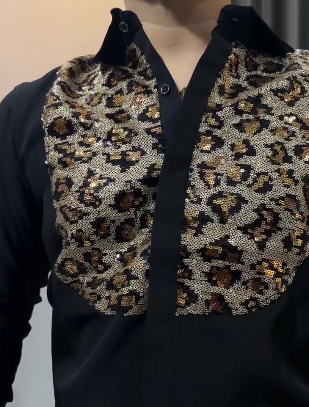 Diamond Inlaid Leopard Print Long Sleeved Shirt
