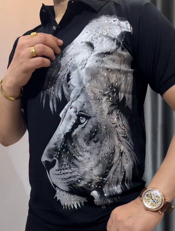 Diamond Studded Lion Print Short Sleeved Shirt