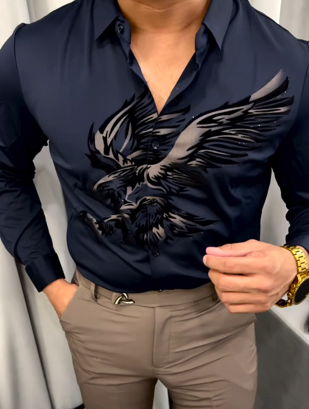 Diamond Encrusted Eagle Print Long Sleeved Shirt