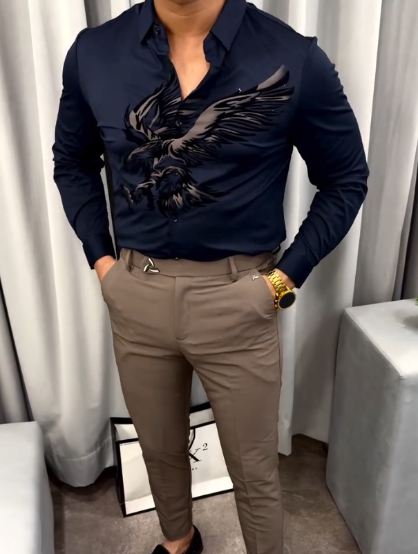 Diamond Encrusted Eagle Print Long Sleeved Shirt