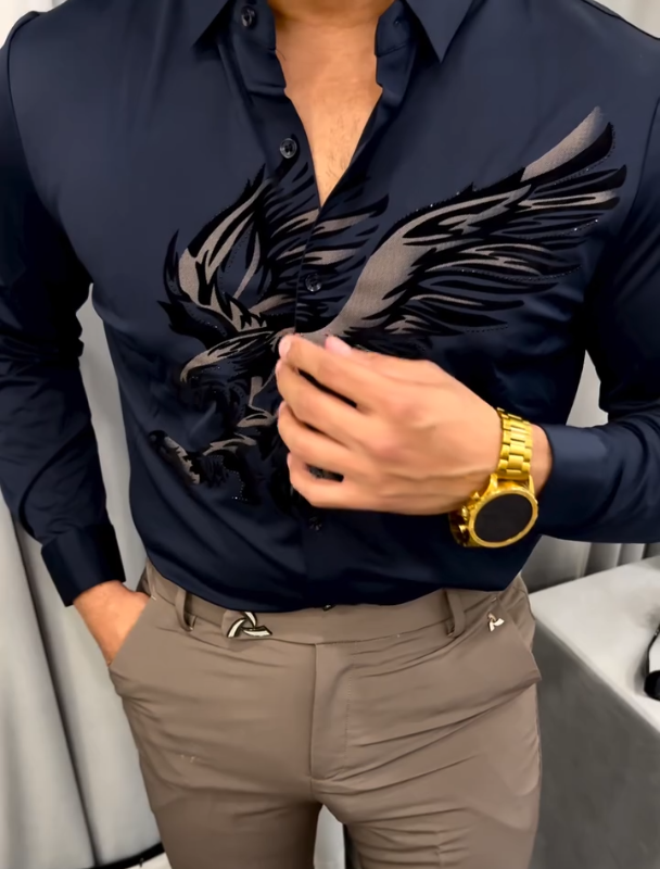 Diamond Encrusted Eagle Print Long Sleeved Shirt