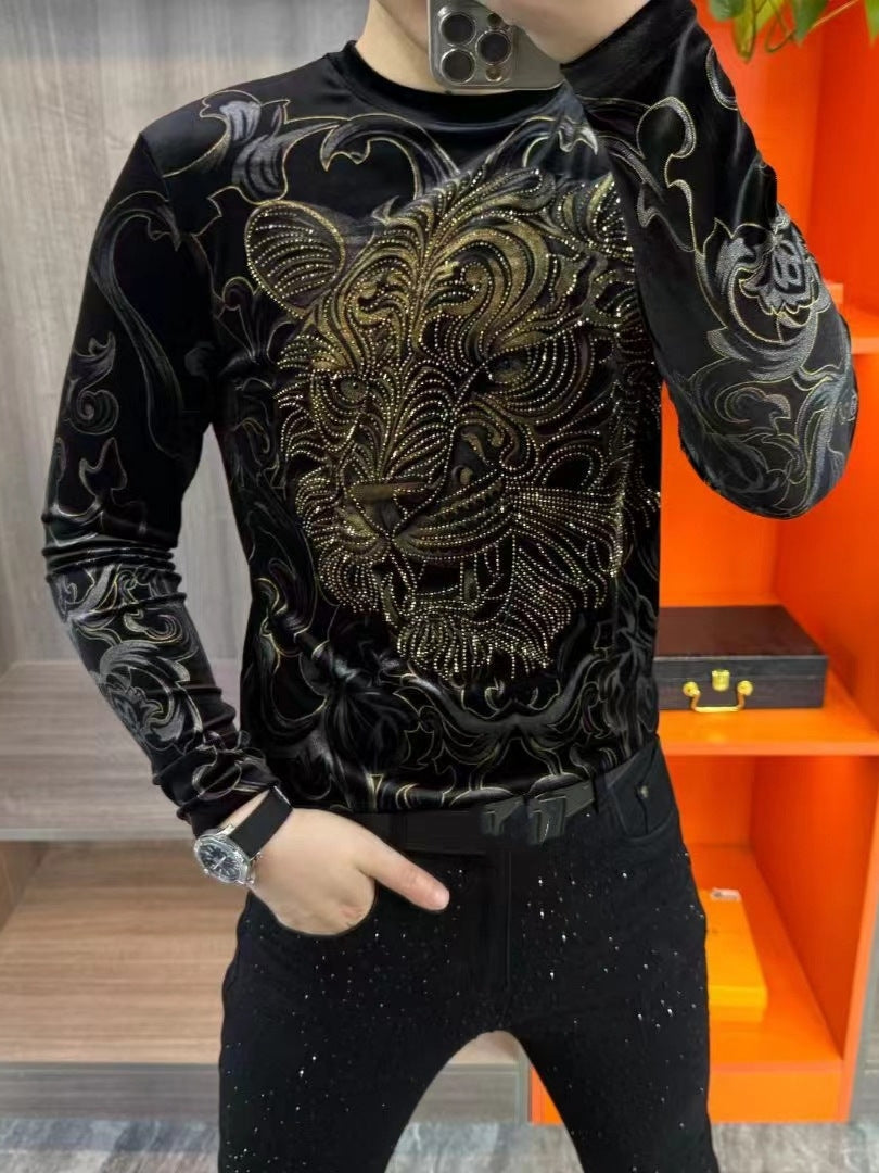 Men's Light Luxury Personalized Fashion Gold Velvet Hot Stamped Round Neck Long Sleeve