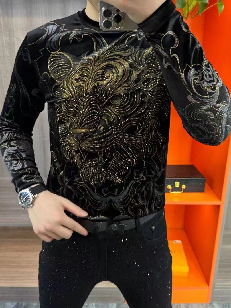 Men's Light Luxury Personalized Fashion Gold Velvet Hot Stamped Round Neck Long Sleeve