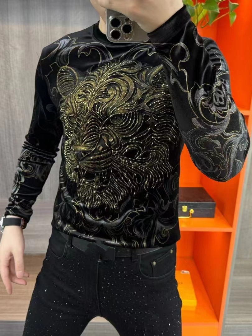 Men's Light Luxury Personalized Fashion Gold Velvet Hot Stamped Round Neck Long Sleeve