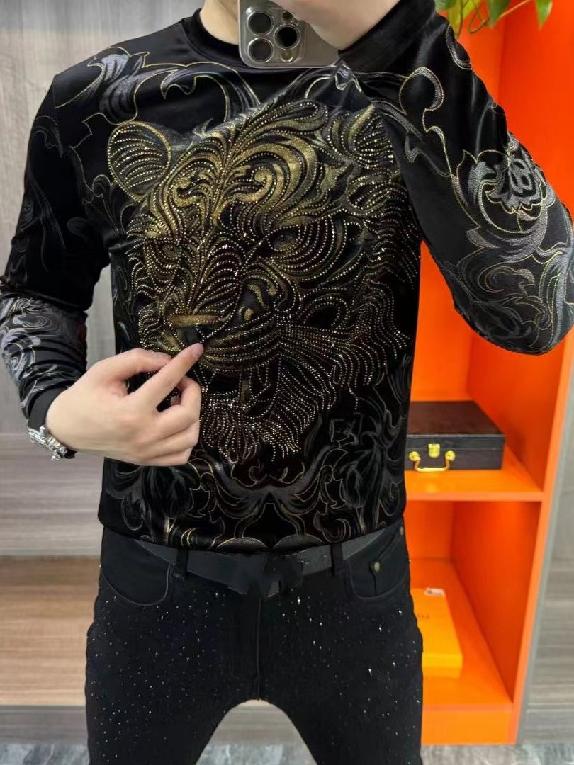 Men's Light Luxury Personalized Fashion Gold Velvet Hot Stamped Round Neck Long Sleeve
