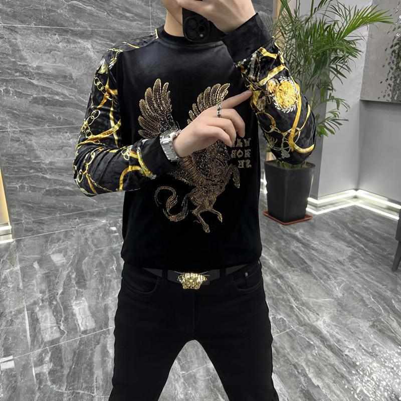 Men's new gold velvet rhinestone round neck base shirt