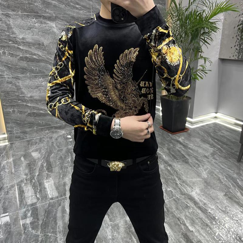Men's new gold velvet rhinestone round neck base shirt