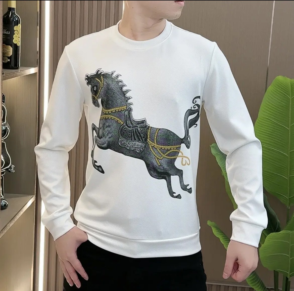 Men's New Horse Print Round Neck Fashionable Long Sleeved Shirt