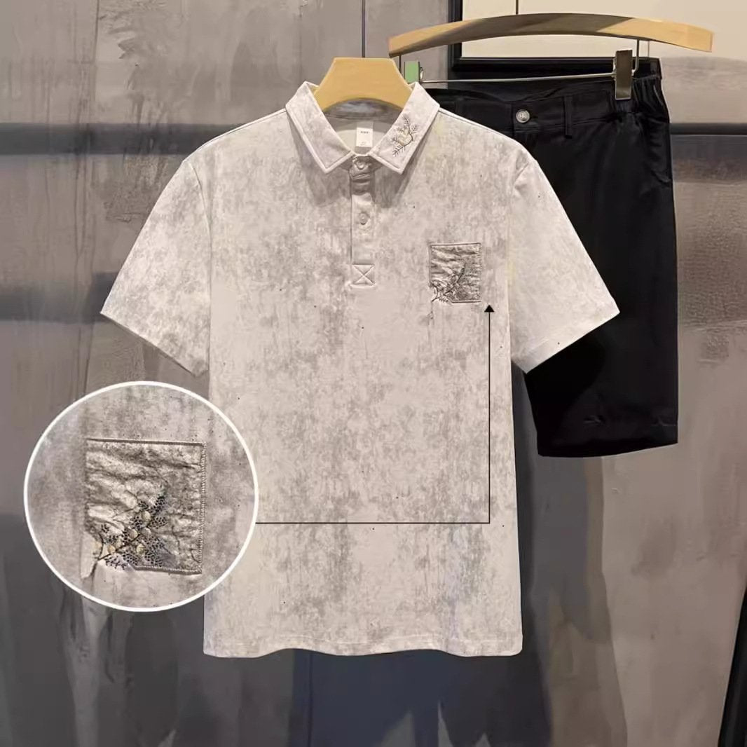 Men's new summer style trendy embroidery embellished lapel polo shirt