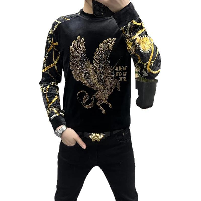 Men's new gold velvet rhinestone round neck base shirt