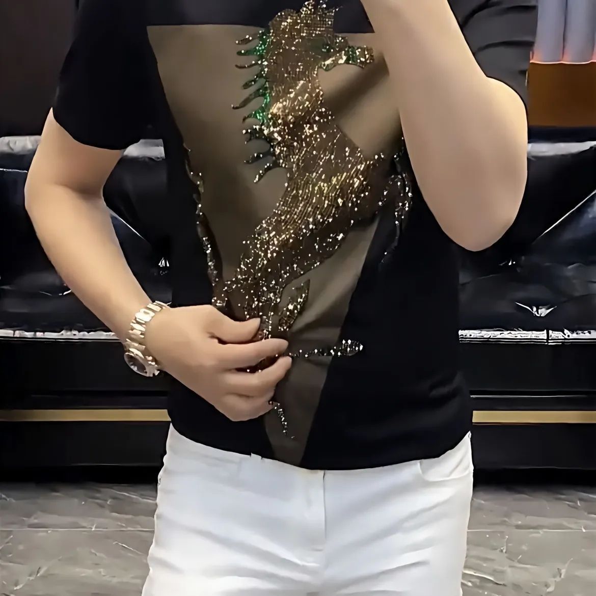 Men's new ice silk rhinestone short sleeved T-shirt