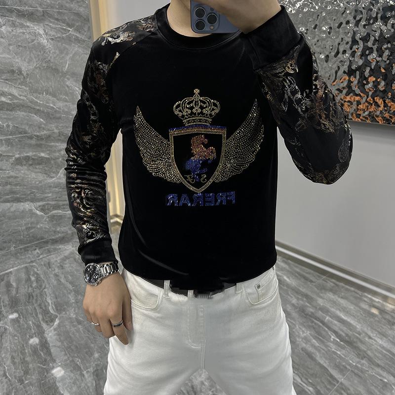 Men's new comfortable gold velvet personalized floral sleeve rhinestone temperament base shirt