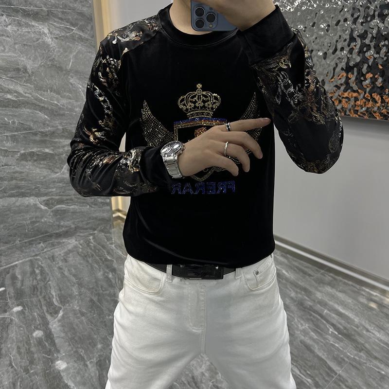 Men's new comfortable gold velvet personalized floral sleeve rhinestone temperament base shirt