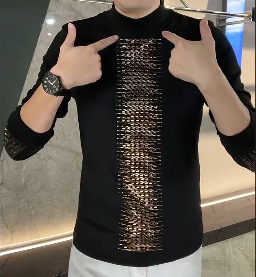 Men's New German Velvet Long Sleeved Rhinestone T-shirt