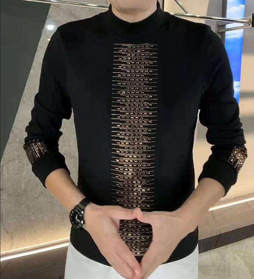 Men's New German Velvet Long Sleeved Rhinestone T-shirt