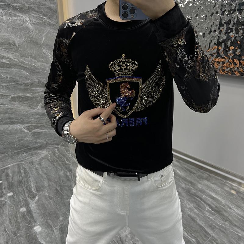 Men's new comfortable gold velvet personalized floral sleeve rhinestone temperament base shirt