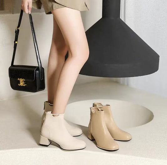 2022 Autumn And Winter Square Head Thick Heel Back Zipper Fashion Short Boots Martin Boots