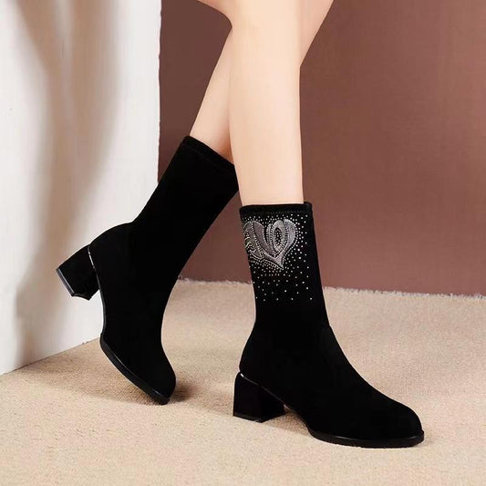 2022 Autumn And Winter New Thick-heeled Round Head Stretch Plus Velvet Women's Short Boots