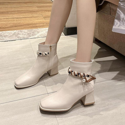2022 Autumn New Fashion Korean Version Of High-heeled Thick-heeled Chelsea Boots Satin Pearl Fashion Boots French Retro Women
