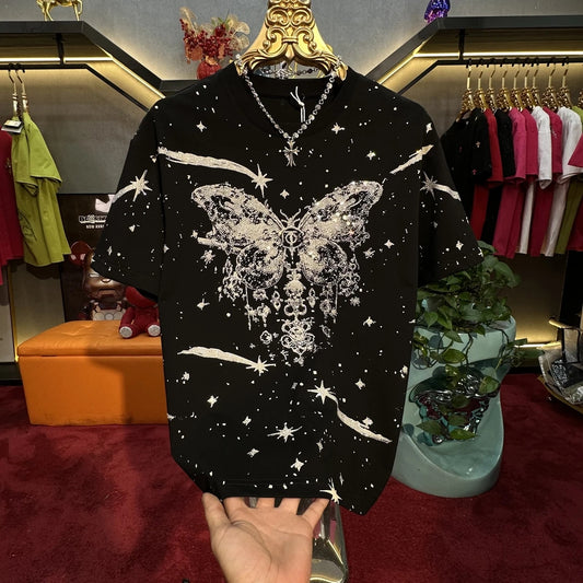 Men's High-quality Butterfly Hot Stamping Diamond Light Luxury Short Sleeved Shirt
