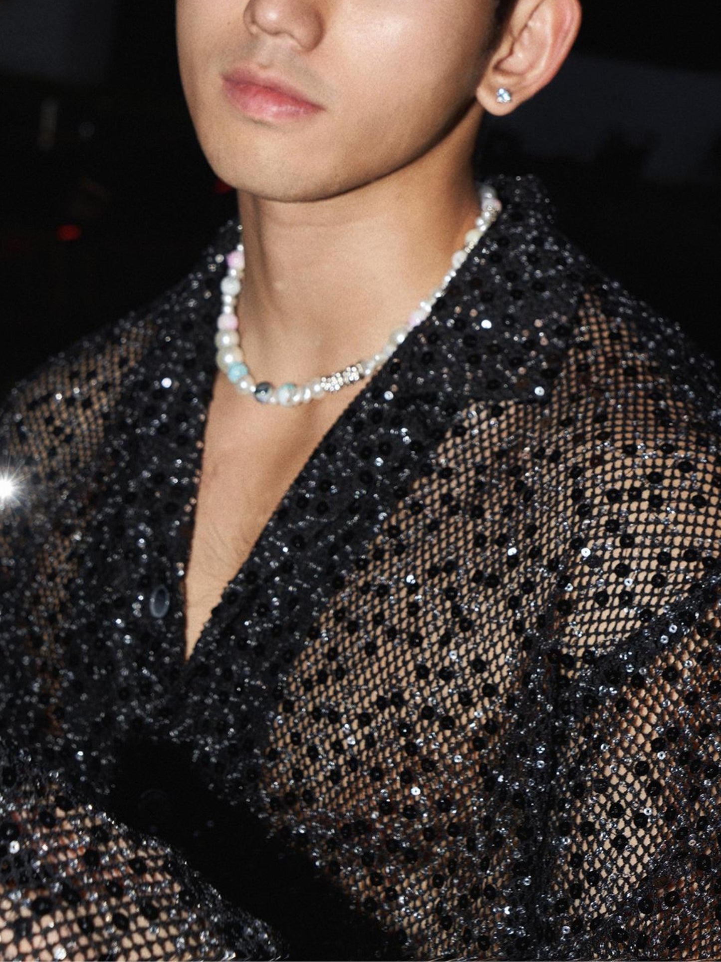 Sparkling Silver Sequin Hollowed Out Long Sleeved Shirt