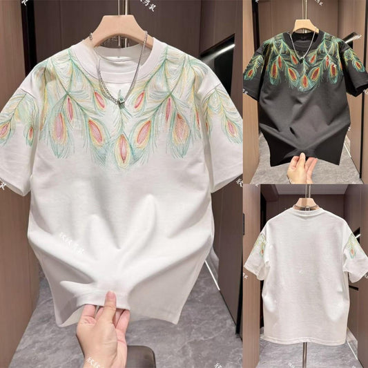 Men's New Peacock Feather Embroidered Casual Short Sleeved Shirt