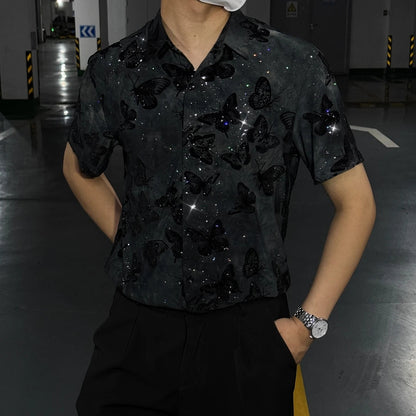 Butterfly Flocking Jacquard Short Sleeved Shirt