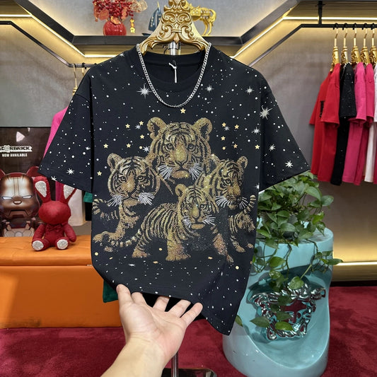 Men's High-quality Tiger Hot Stamping Diamond Light Luxury Short Sleeved Shirt