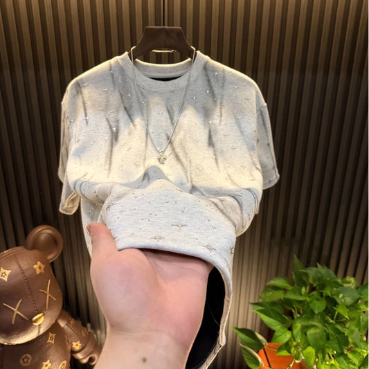 Men's High-quality Starry Sky Diamond Hot Stamping Light Luxury Short Sleeved Shirt